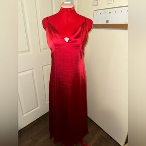 Red Silk Slip Dress Formal with Side Slits and Adjustable Straps